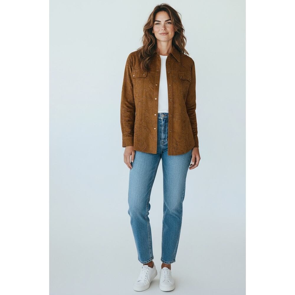 Chicos Caramel Colored Fall Shirt/Jacket With Embroidered Design-Size 1